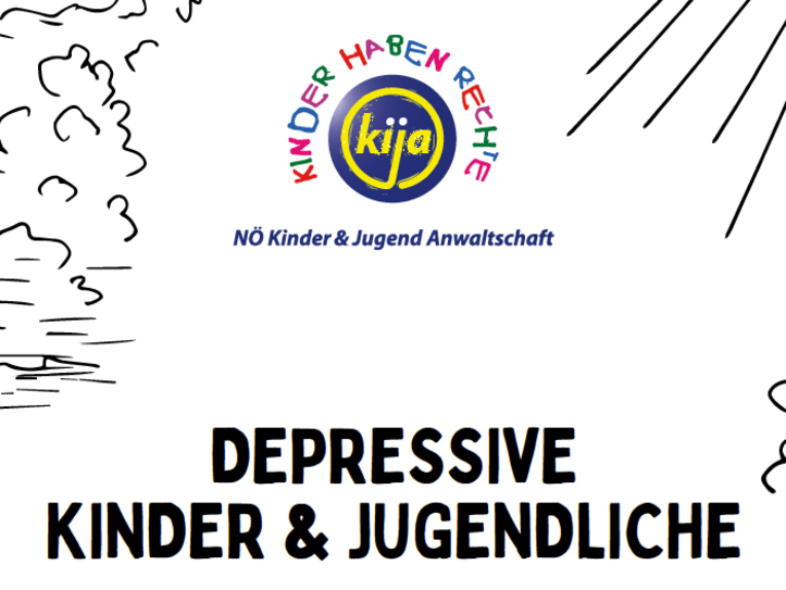Cover der Broschüre "Depressive Kinder & Jugendliche": weißes Blatt mit schwarzen Linien und dem Kija-Logo.