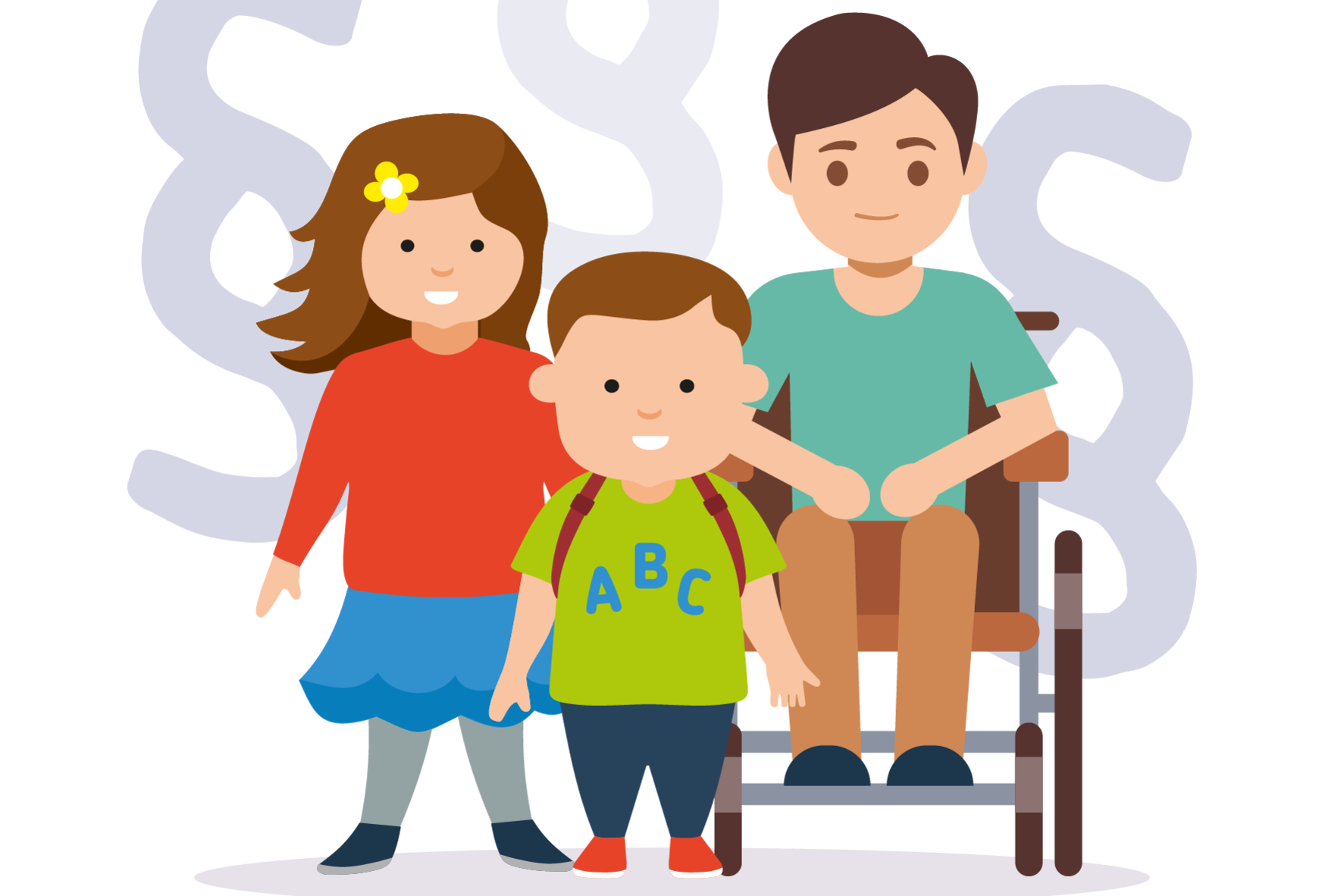 Illustration Gruppe von drei Kindern verschiedener Altersklassen, ein Mädchen und zwei Burschen, einer davon im Rollstuhl