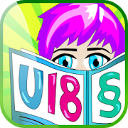 Logo deine Rechte U18 App, Person mit kurzen lila Haaren hat ein Buch mit einem §-Zeichen und U18 halb vor seinem Gesicht