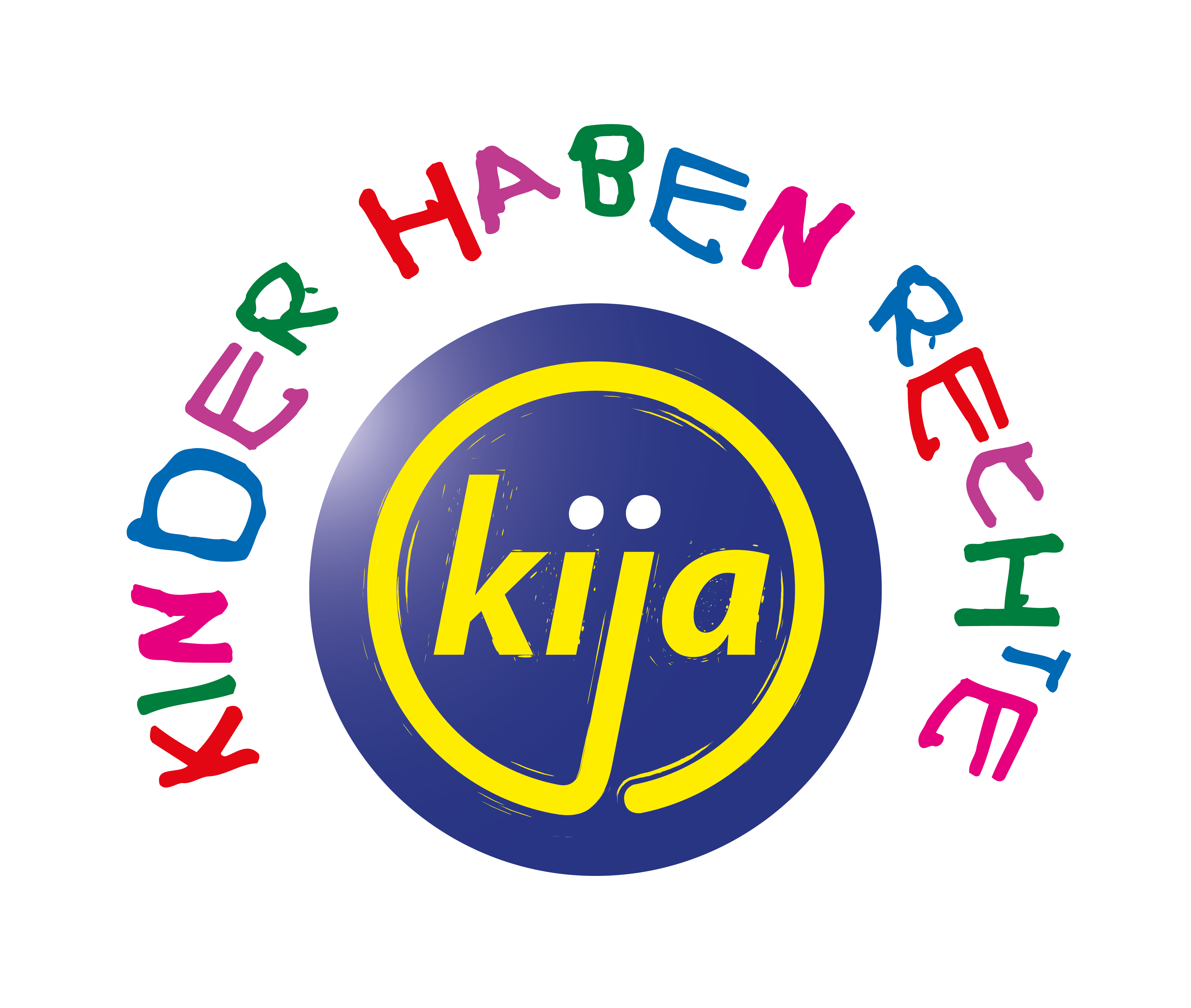 NÖ kija-Logo, gelbe Schrift "NÖ kija" in blauen Kreis und außen halbrund "Kinder haben Rechte" in bunter Schrift